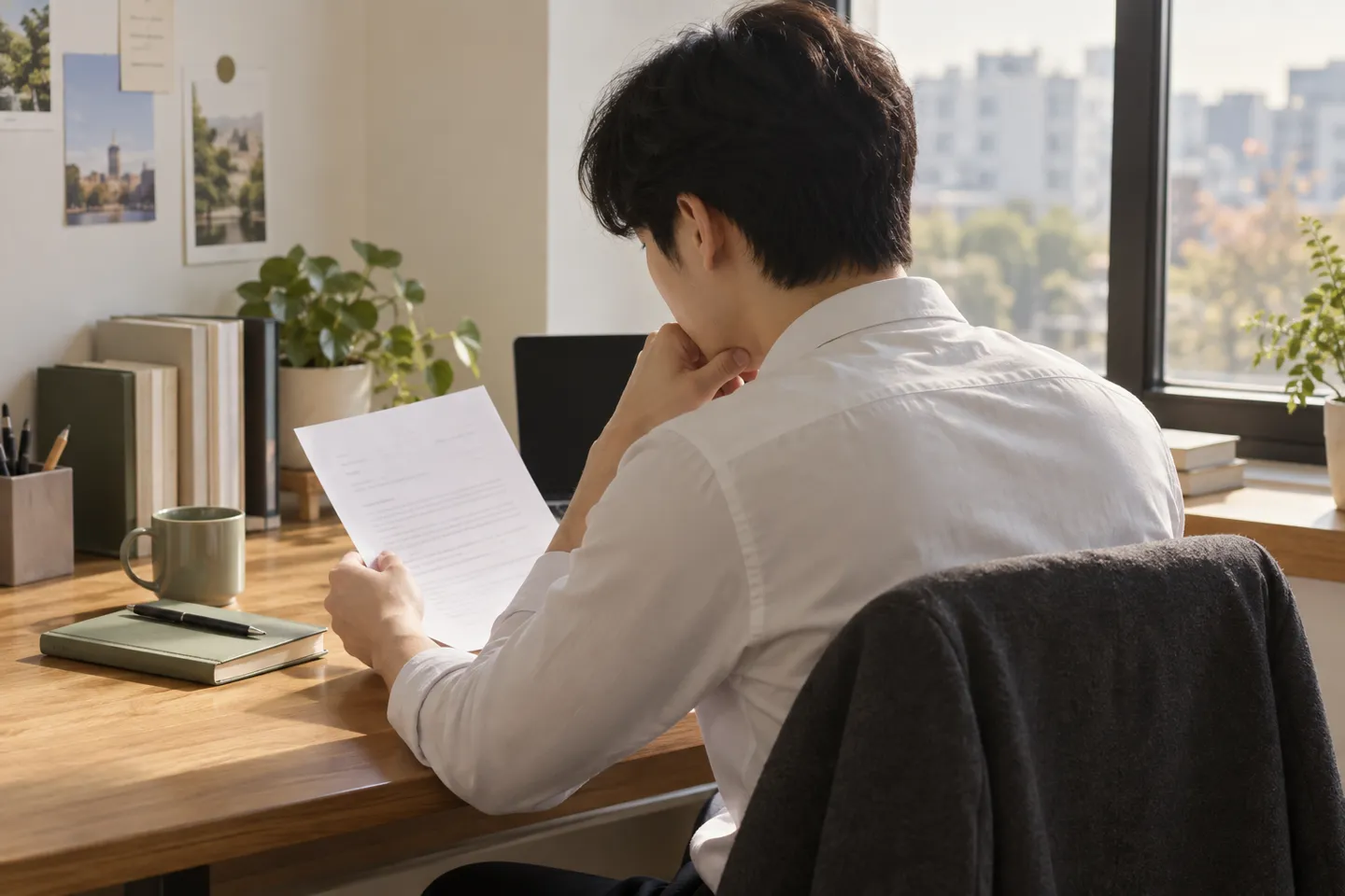 창가 책상에서 근로 관련 통지서를 확인하는 사람. AI 제작 이미지.